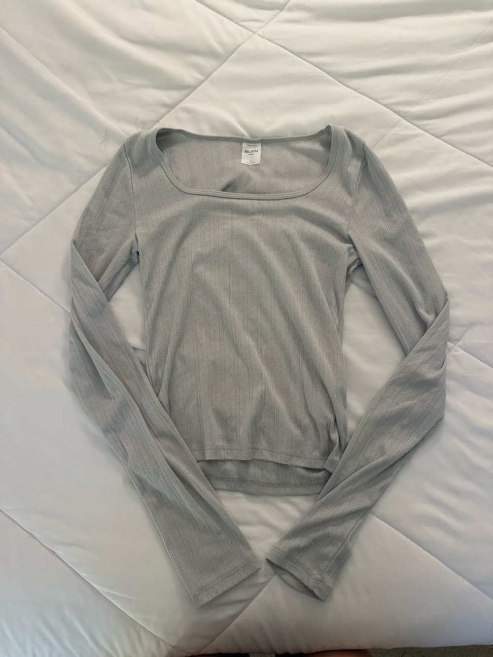 Hollister Light Gray Ribbed Scoop Neck Long-Sleeve Top